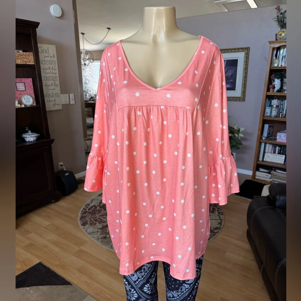 BloomChic Coral Pink Polka Dot Tunic - Picture 4 of 10